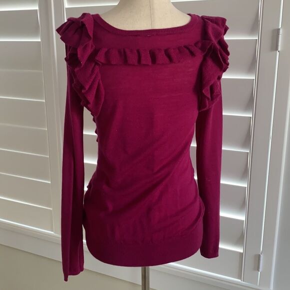 Anthropologie | Moth raspberry wool ruffle sweater - Picture 3 of 7
